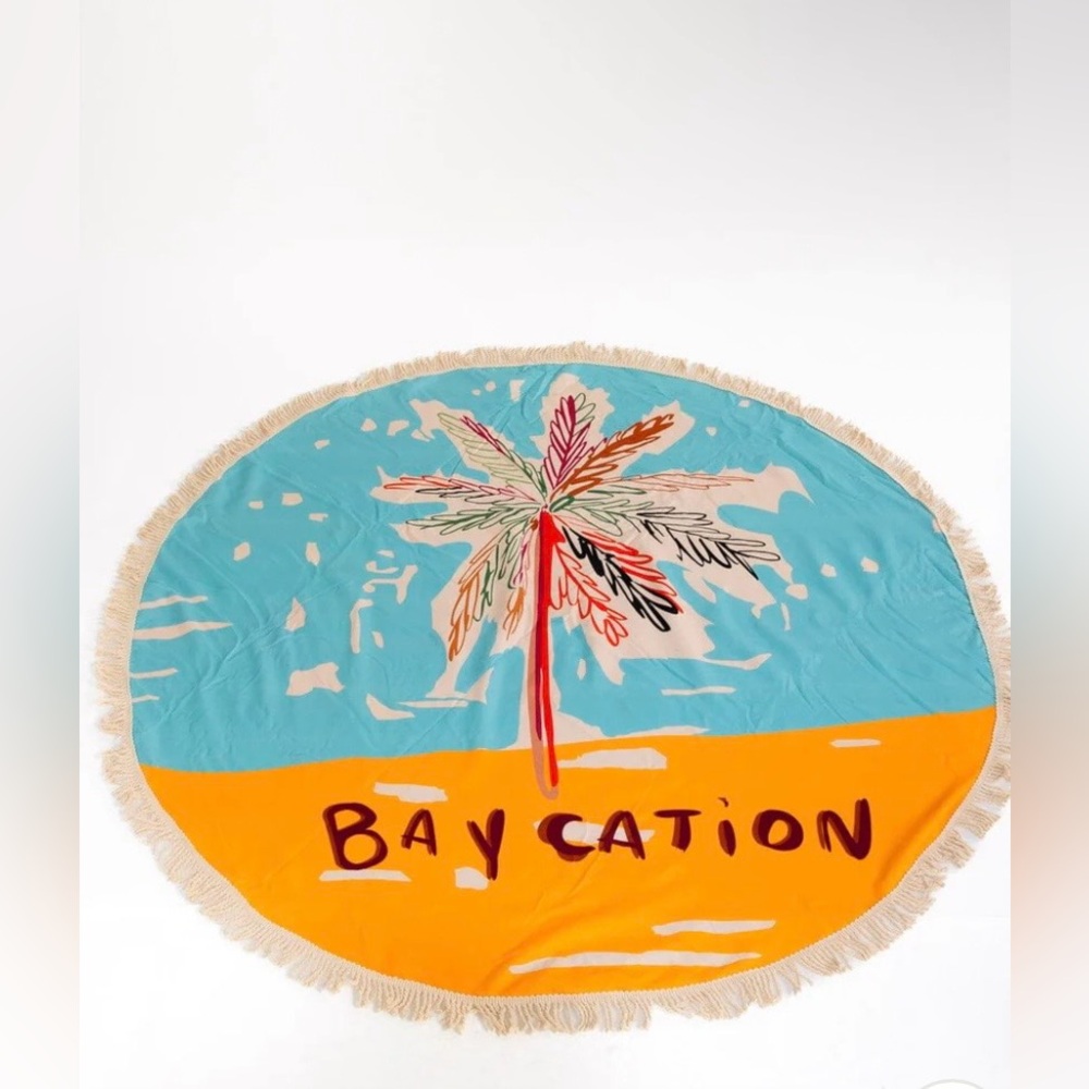 Round Fringe Beach Towel with Colorful Baycation Print & Design